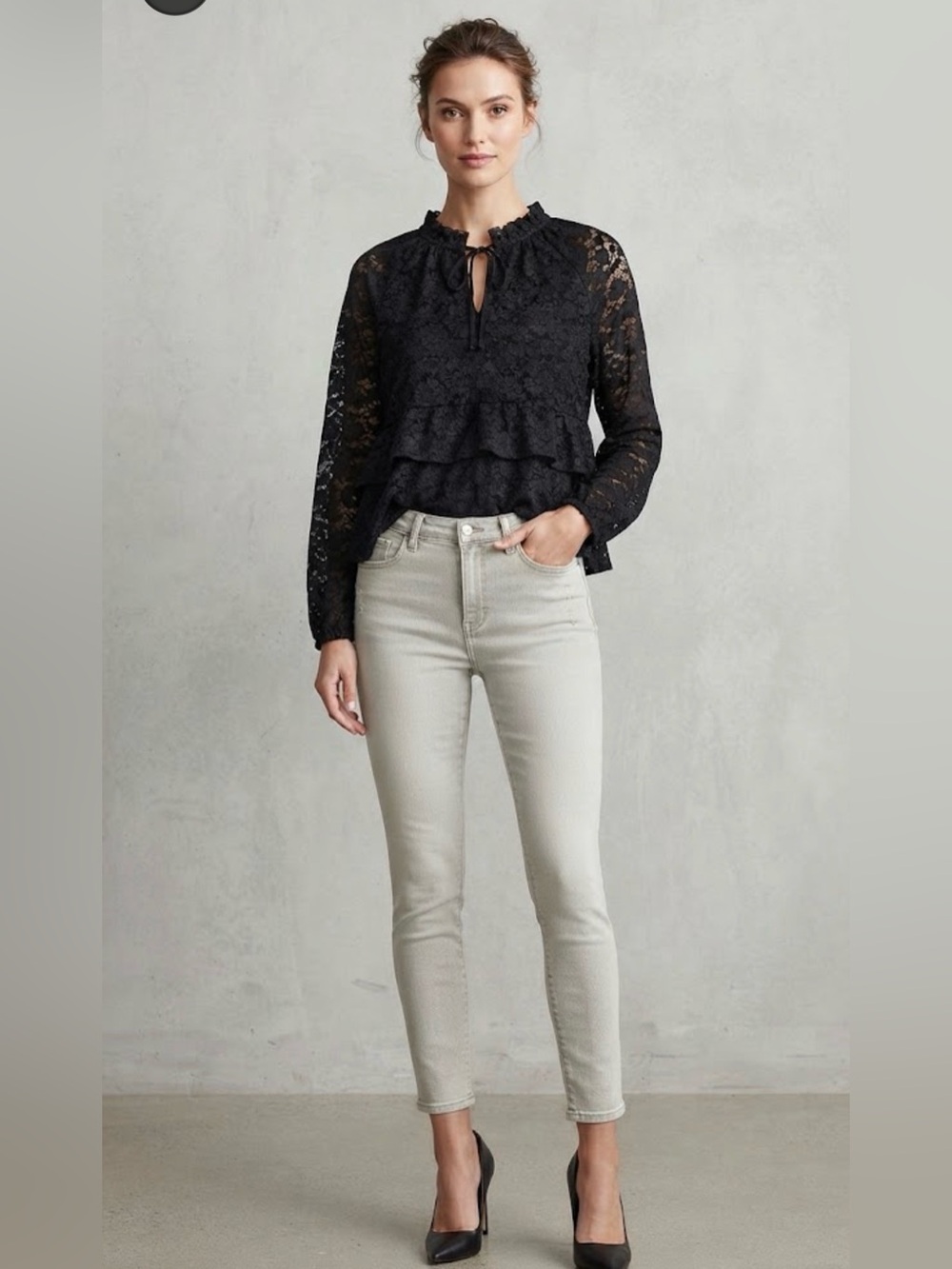 Black Lace Peplum Long-Sleeve Top